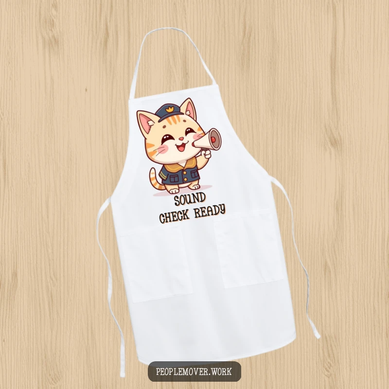 Funny cat conductor apron with a smiling cartoon cat in uniform, proudly honking a miniature horn, ready for kitchen duty.