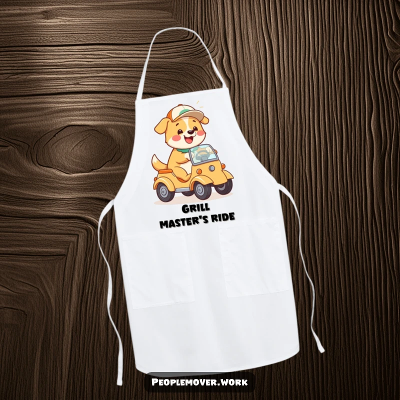 Funny Dog Driving Apron: A happy cartoon dog wearing a cap, playfully steering a car, for fun in the kitchen.