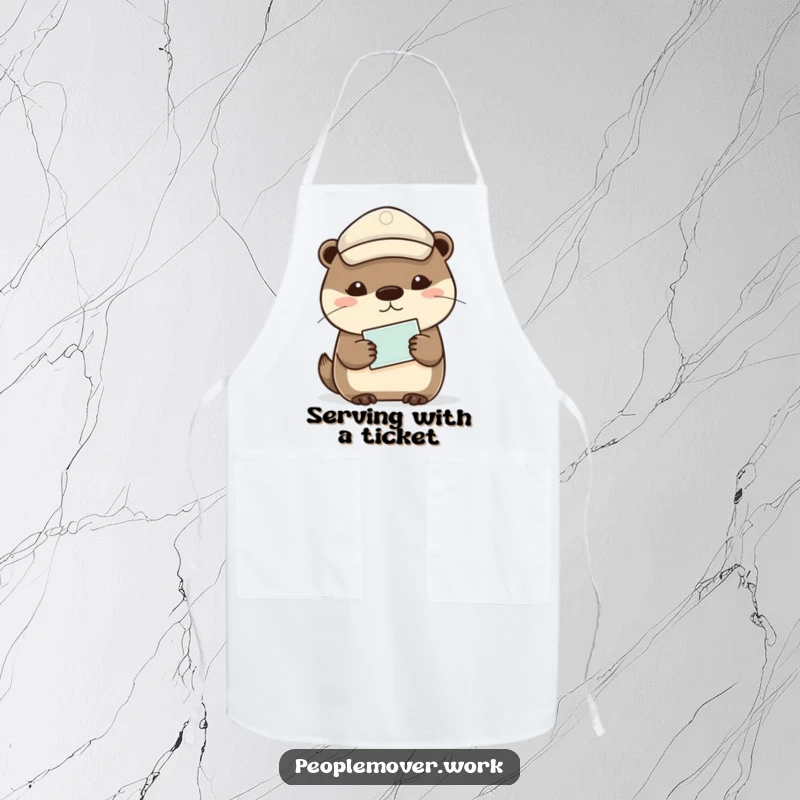Funny otter wearing a cap, holding a ticket, ideal for a humorous kitchen apron.
