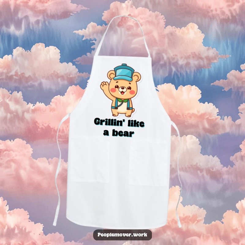 Funny Bear Bus Driver Apron: A cheerful cartoon bear in a bus driver hat, waving hello, for fun in the kitchen.