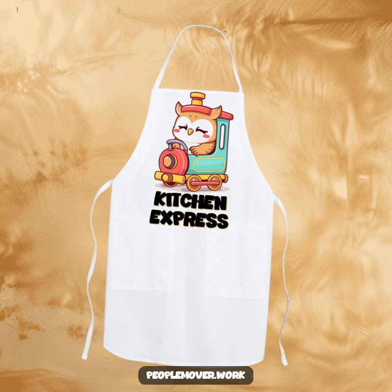 Funny owl train engineer apron with a cute cartoon owl intently operating a small, colorful train, ready for kitchen tasks.