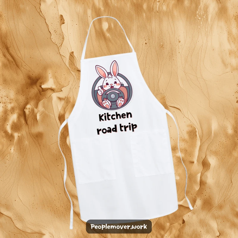 Funny bunny driver apron with an energetic cartoon rabbit in the driver's seat, giving a positive thumbs-up, ready for cooking.