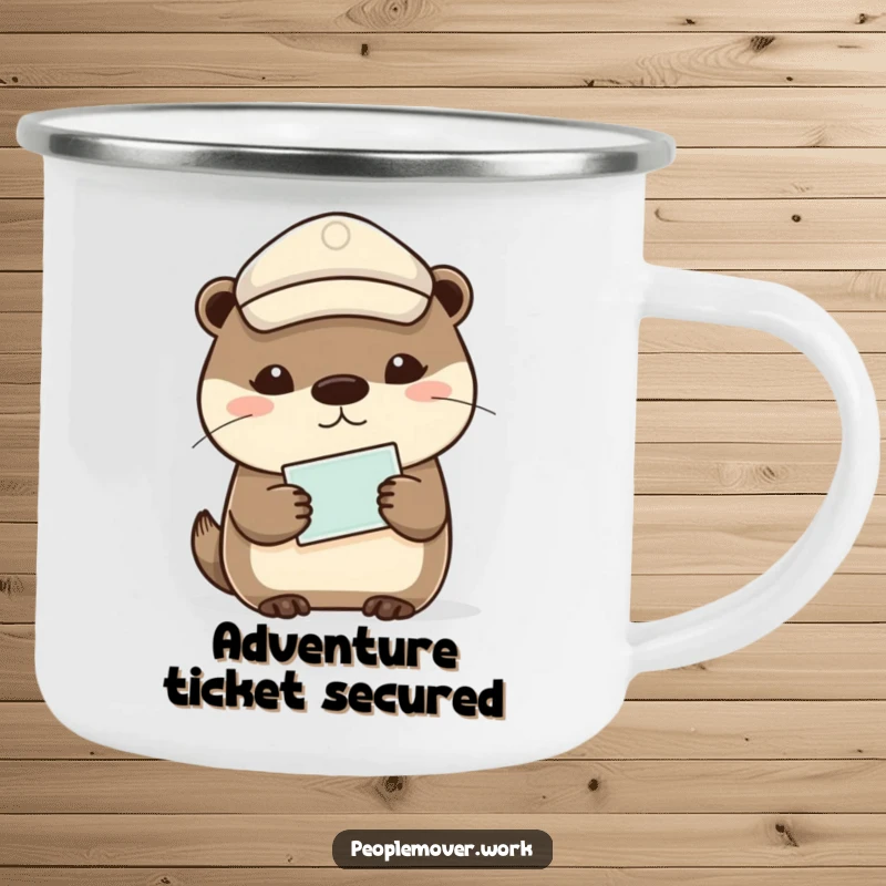 Funny otter wearing a cap, holding a ticket, a humorous and durable camping mug.
