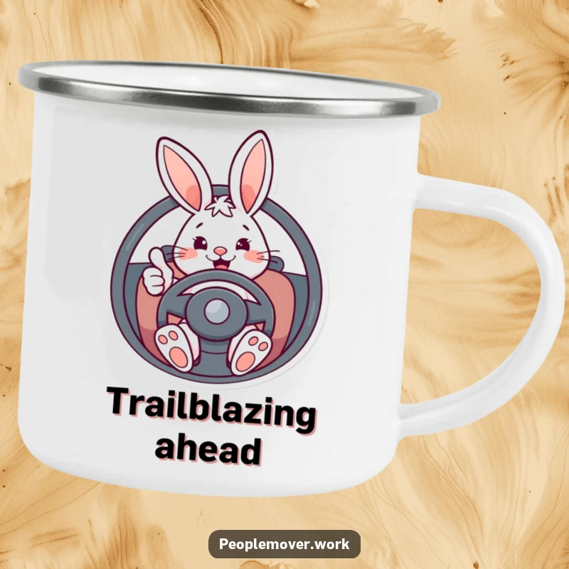 Funny bunny driver camping mug with an energetic cartoon rabbit holding the wheel and giving a thumbs-up, ready for camping.