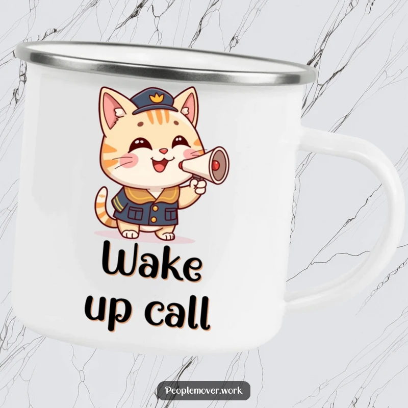 Funny cat conductor camping mug with a smiling cartoon cat in uniform, proudly honking a miniature horn, ready for outdoor fun.