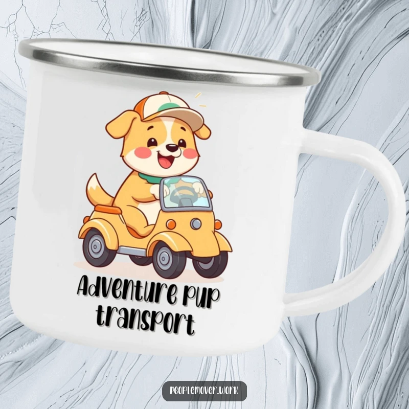 Funny Dog Driving Camping Mug: A happy cartoon dog in a cap, playfully steering a vehicle, for outdoor enjoyment.