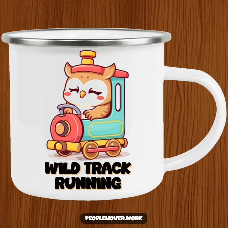 Funny owl train engineer camping mug with a cute cartoon owl intently operating a small, colorful train, ready for the outdoors.
