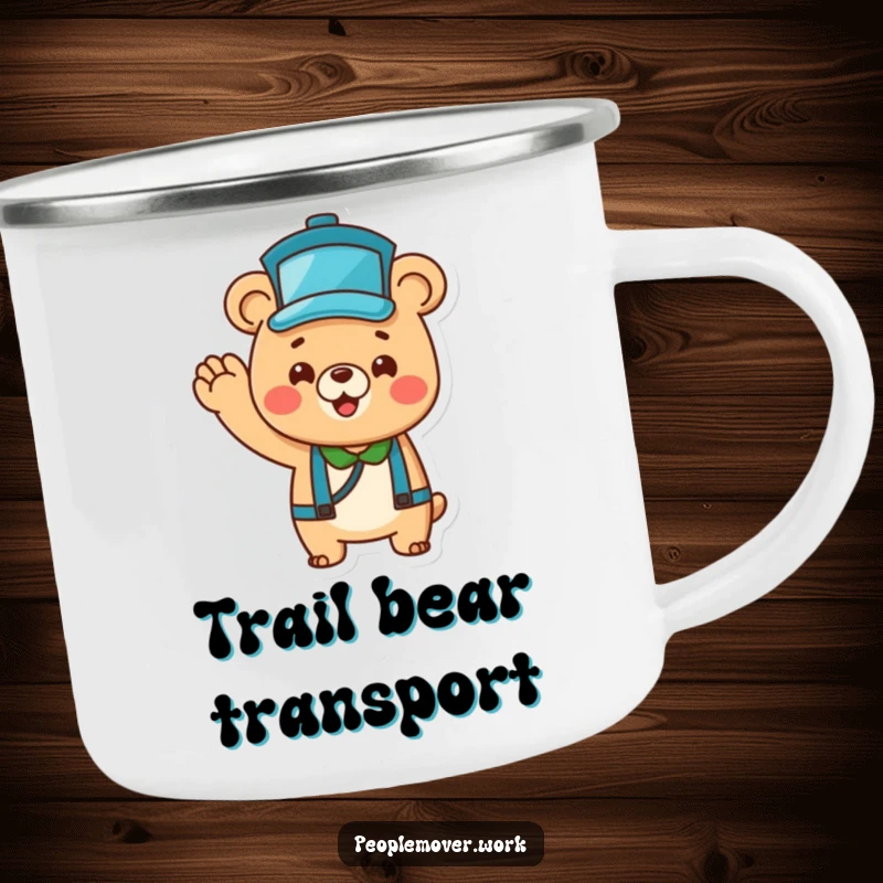 Funny Bear Bus Driver Camping Mug: A cheerful cartoon bear in a tiny hat, enthusiastically waving, for outdoor enjoyment.