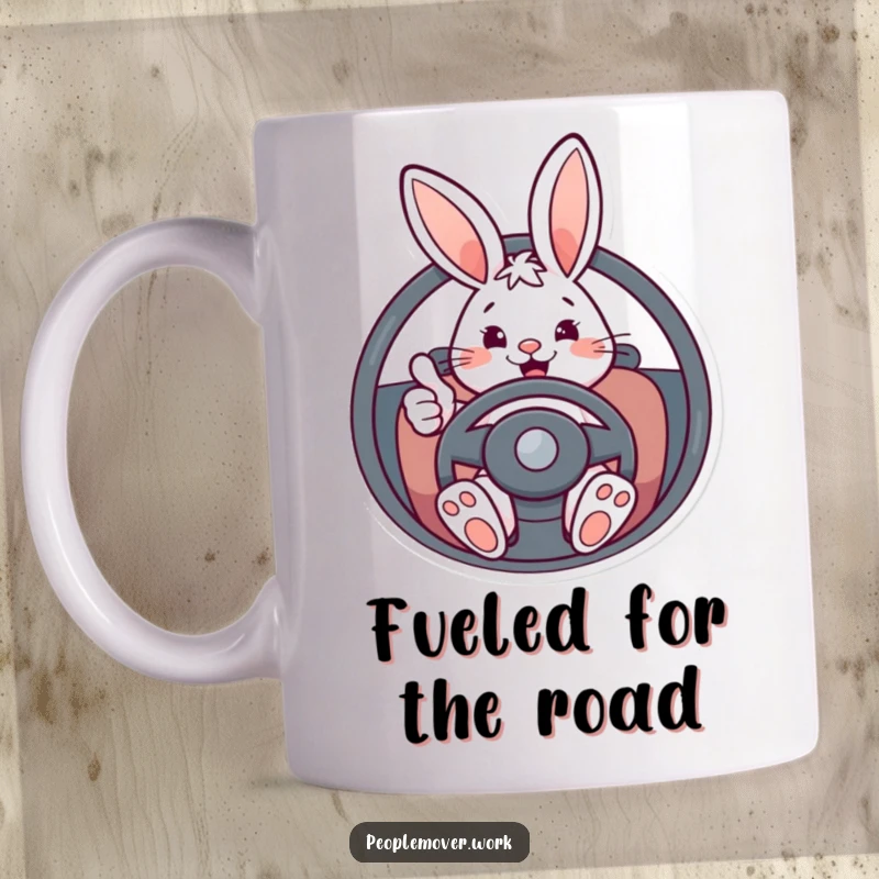 Funny bunny driver mug with an energetic cartoon rabbit smiling behind a steering wheel, giving a cheerful thumbs-up.