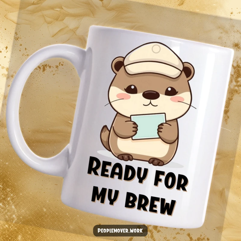 Funny calm otter in a peaked cap holding a ticket, looking relaxed, perfect for a mug.