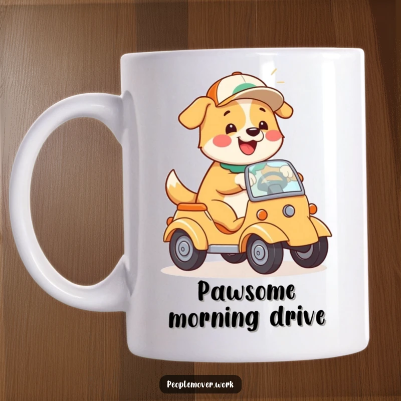Funny Dog Driving Mug: A happy cartoon dog wearing a cap, playfully steering a compact car.