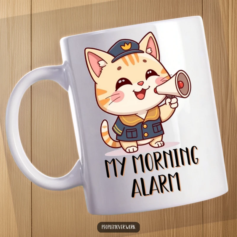 Funny cat conductor mug with a smiling cartoon cat in uniform, proudly honking a miniature horn with joyful energy.