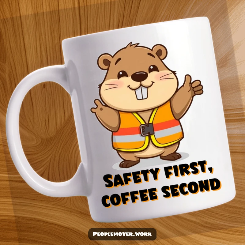 Funny beaver in a safety vest, nodding friendly, promoting safety and hard work with humor.