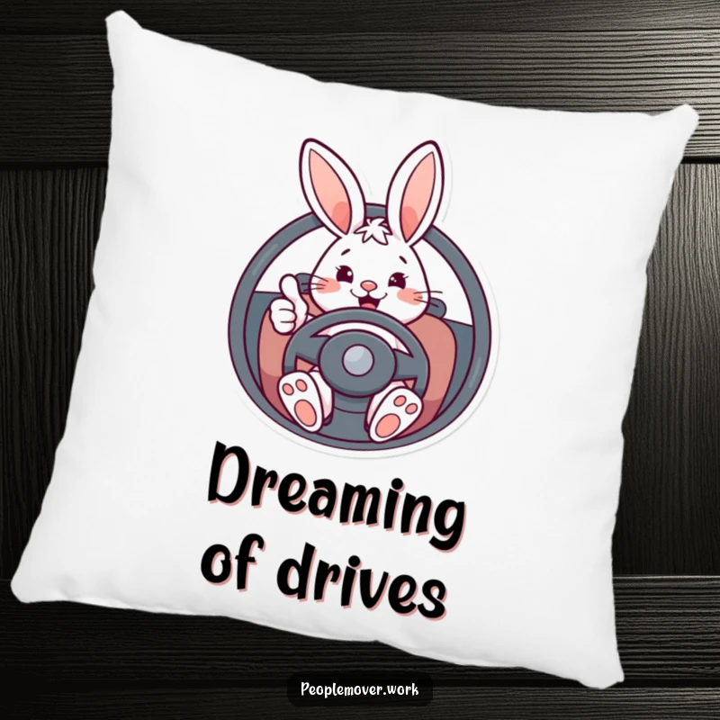 Funny bunny driver pillow showcasing an energetic cartoon rabbit at the wheel, giving a friendly thumbs-up, perfect for comfort.
