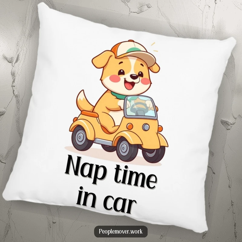 Funny Dog Driving Pillow: A happy cartoon dog with a cap, playfully steering a vehicle, providing soft comfort.
