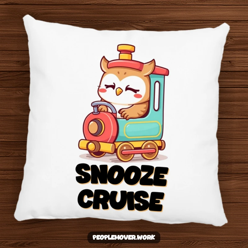 Funny owl train engineer pillow with a cute cartoon owl intently focused on operating a small, colorful train, offering comfort.