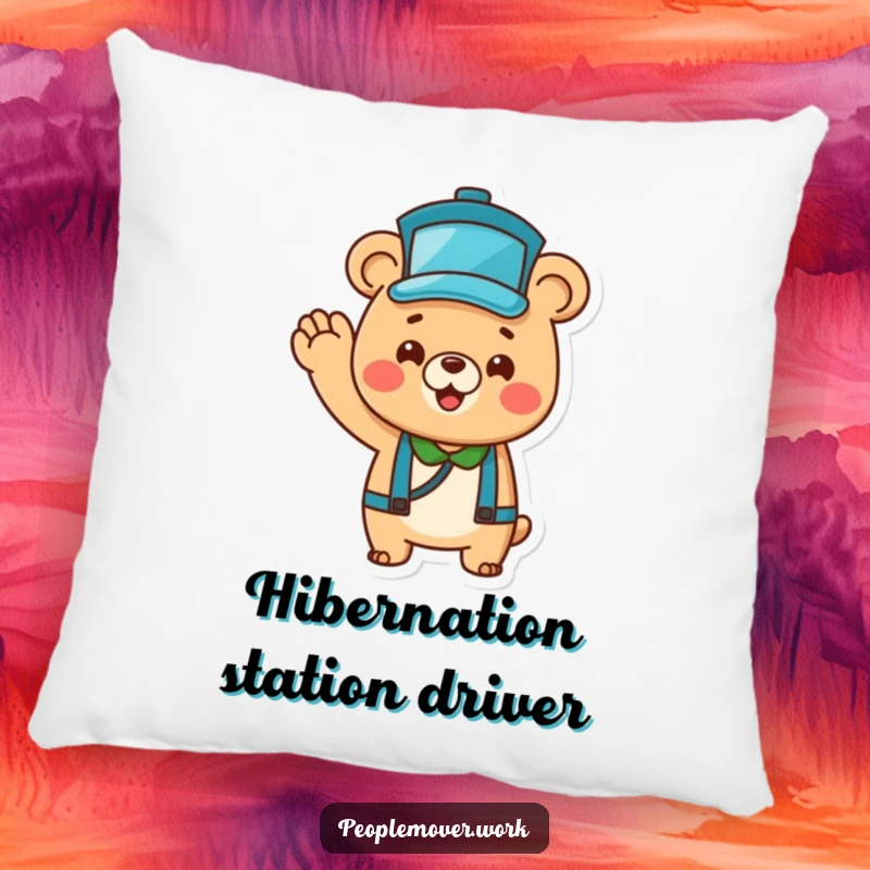 Funny Bear Bus Driver Pillow: A cheerful cartoon bear with a hat, enthusiastically waving, providing soft comfort.