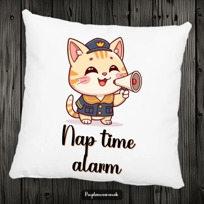 Funny cat conductor pillow with a smiling cartoon cat in uniform, proudly honking a miniature horn, radiating adorable musicality.
