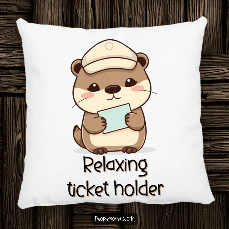 Funny otter wearing a peaked cap, holding a ticket, a soft and humorous pillow.