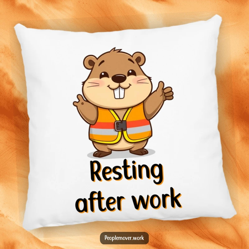 Funny beaver wearing a safety vest, nodding hello, a soft and humorous pillow.