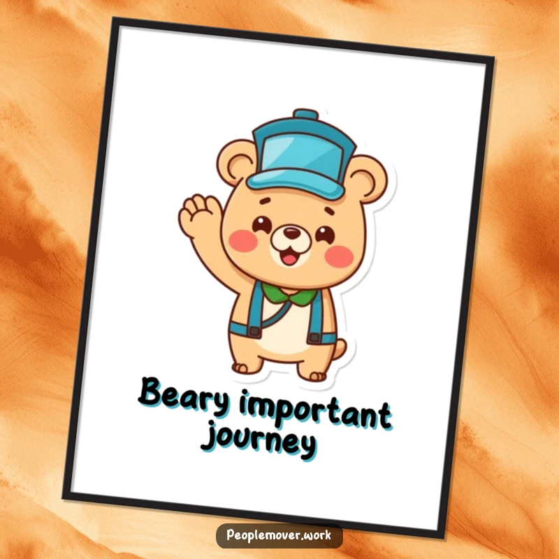 Funny Bear Bus Driver Wall Art: A cheerful cartoon bear in a tiny hat, enthusiastically waving, perfect for instant decor.