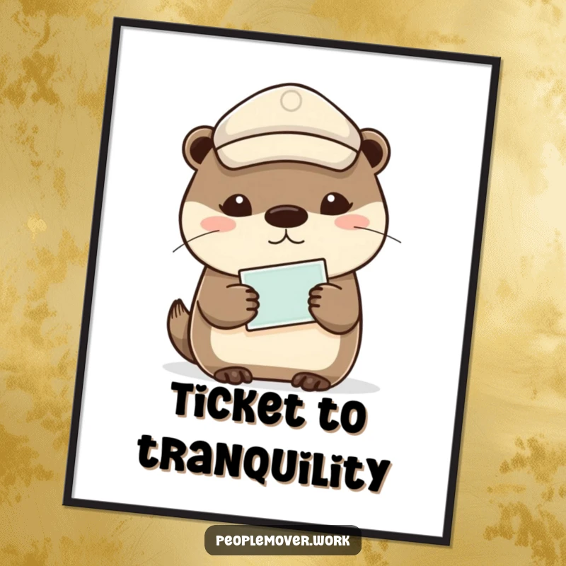 Funny otter wearing a peaked cap, holding a ticket, a high-resolution digital print.
