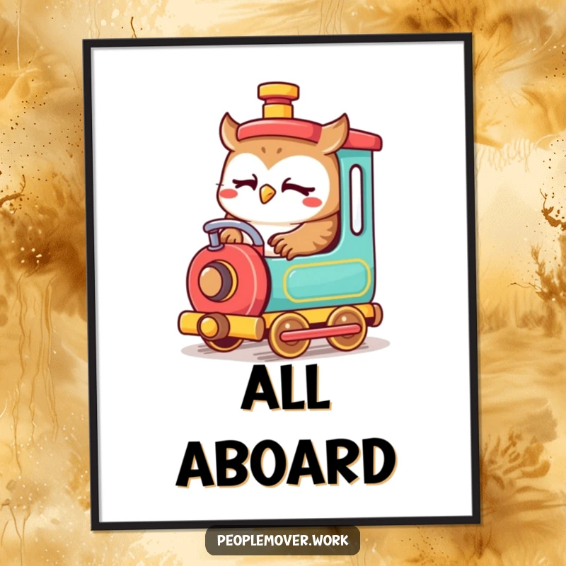 Funny owl train engineer digital art print of a cute cartoon owl intently operating a small, colorful train, full of charm.