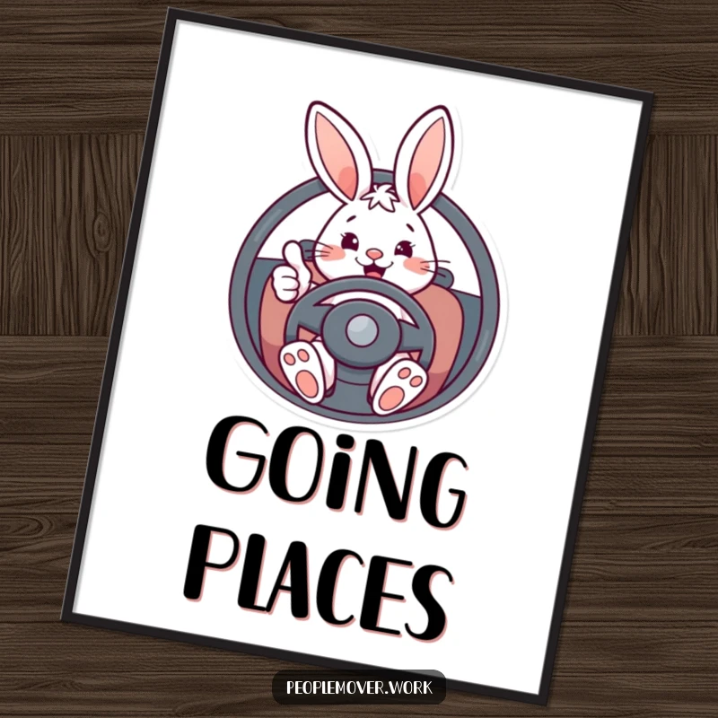 Funny bunny driver digital art print featuring an energetic cartoon rabbit behind the wheel, giving a cheerful thumbs-up, perfect decor.