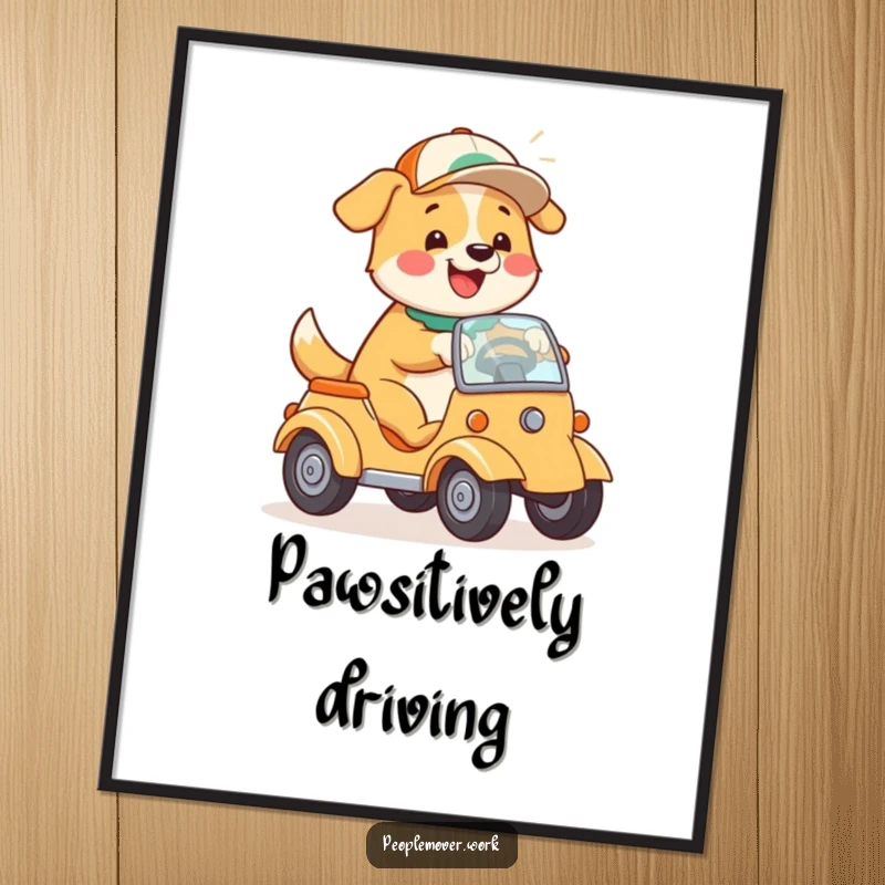 Funny Dog Driving Wall Art: A happy cartoon dog in a cap, playfully steering a vehicle, perfect for instant decor.