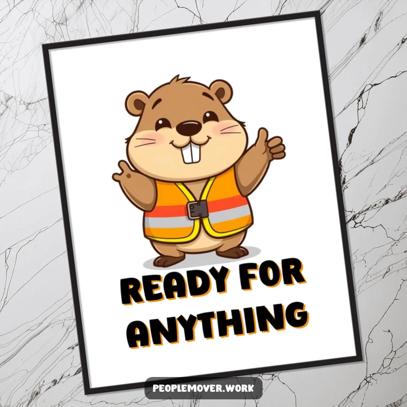 Funny beaver in a safety vest, giving a friendly nod, a high-resolution digital print.