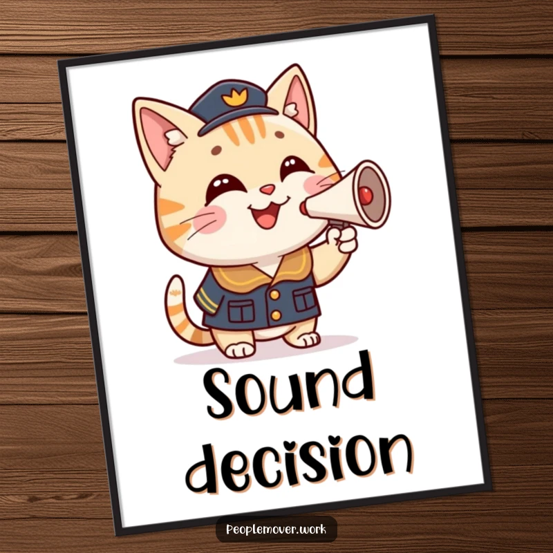 Funny cat conductor digital art print of a smiling cartoon cat in uniform, proudly honking a miniature horn with musical delight.
