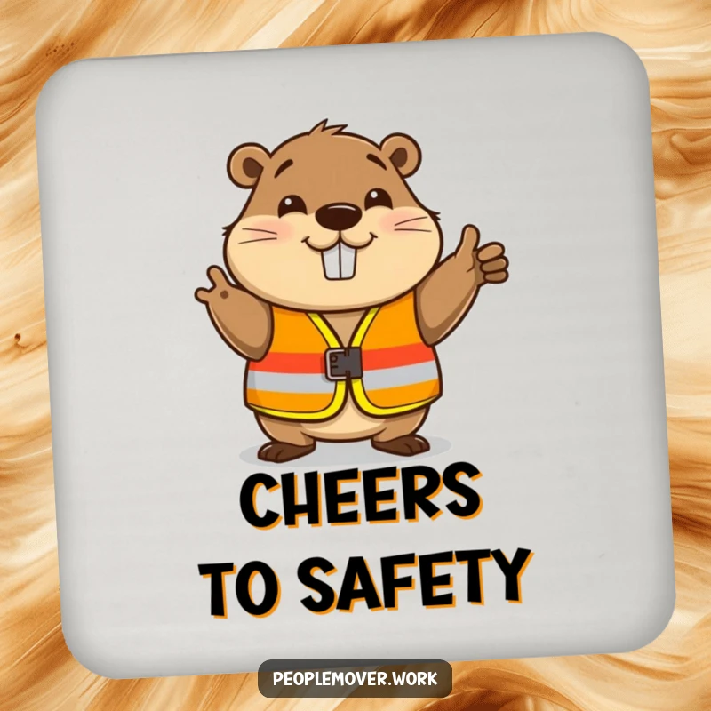 Funny beaver wearing a safety vest, nodding, a humorous and protective drink coaster.
