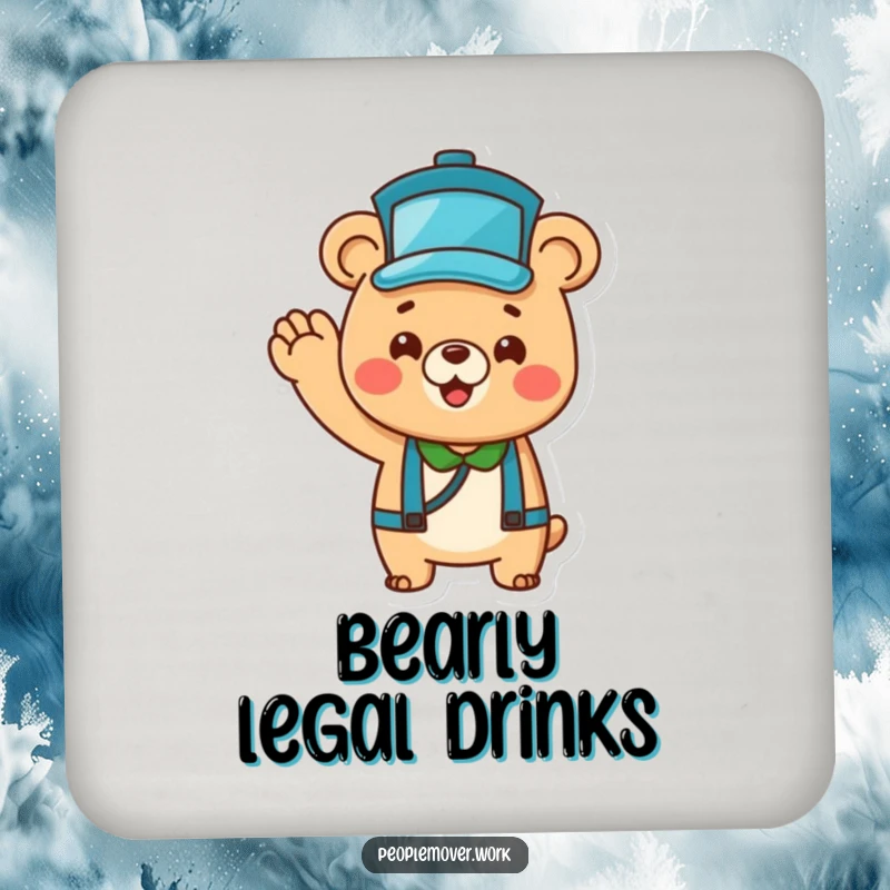 Funny Bear Bus Driver Coaster: A cheerful cartoon bear with a hat, waving hello, protecting tables with charm.