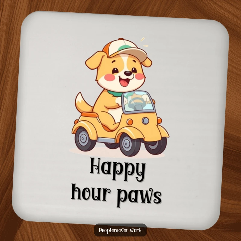 Funny Dog Driving Coaster: A happy cartoon dog with a cap, playfully steering a car, protecting tables with charm.