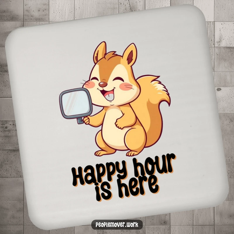 Funny squirrel grinning while adjusting a rearview mirror, a humorous and protective coaster.