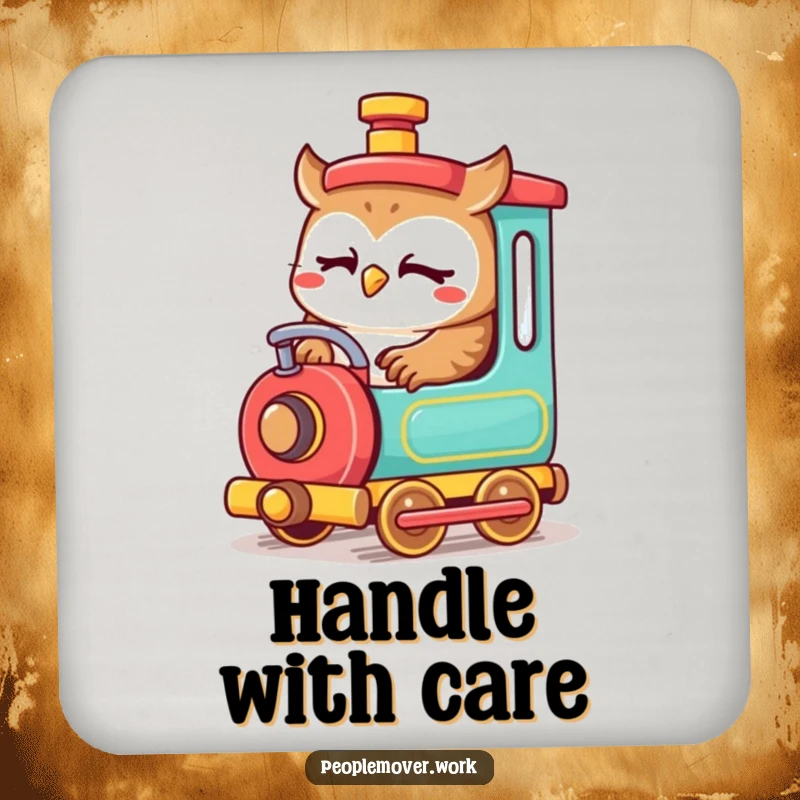 Funny owl train engineer drink coaster with a cute cartoon owl focused on operating a small, colorful train, protecting surfaces.