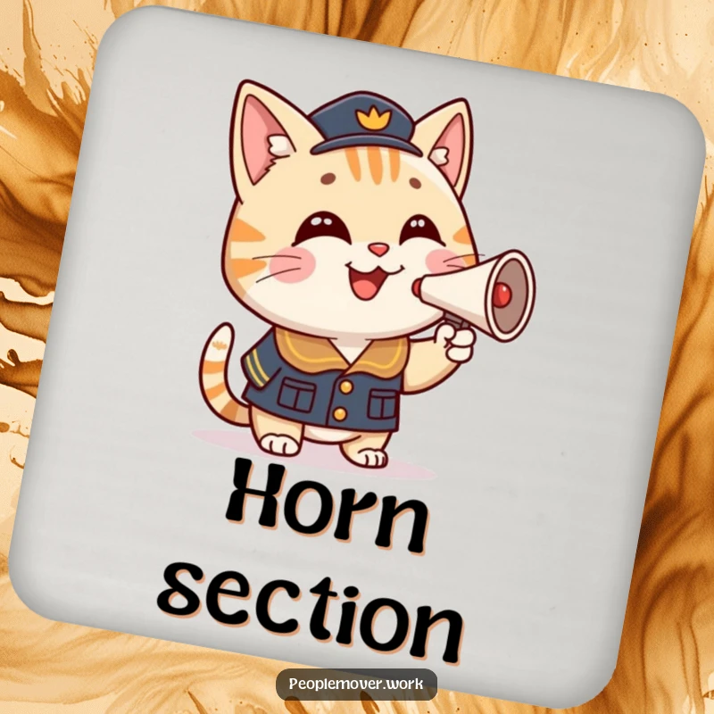 Funny cat conductor drink coaster featuring a smiling cartoon cat in uniform, proudly honking a miniature horn, protecting surfaces.