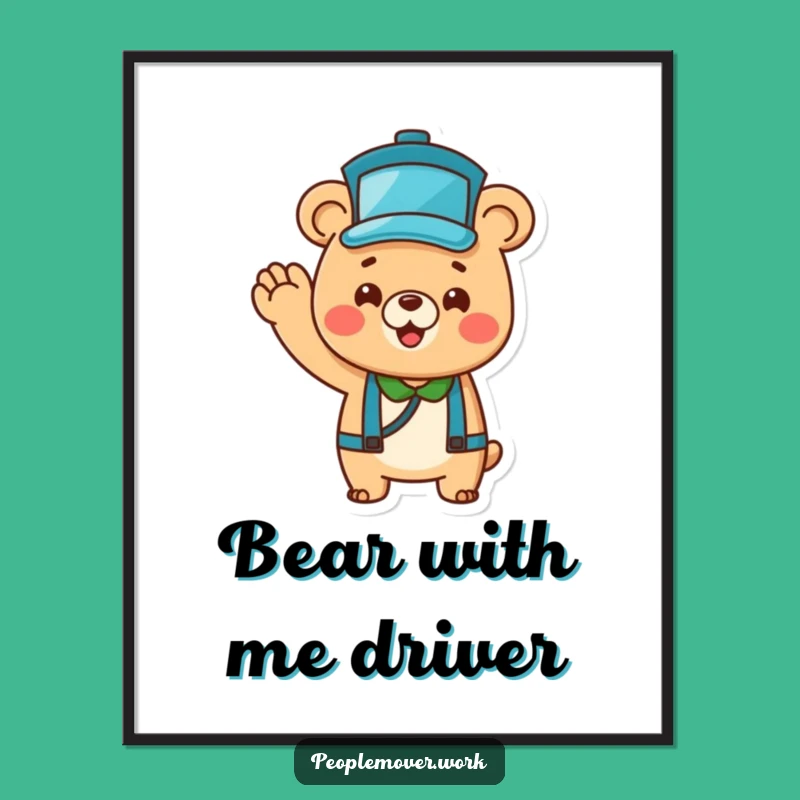 Funny Bear Bus Driver Art Print: Cheerful Wave Poster for Playful Decor