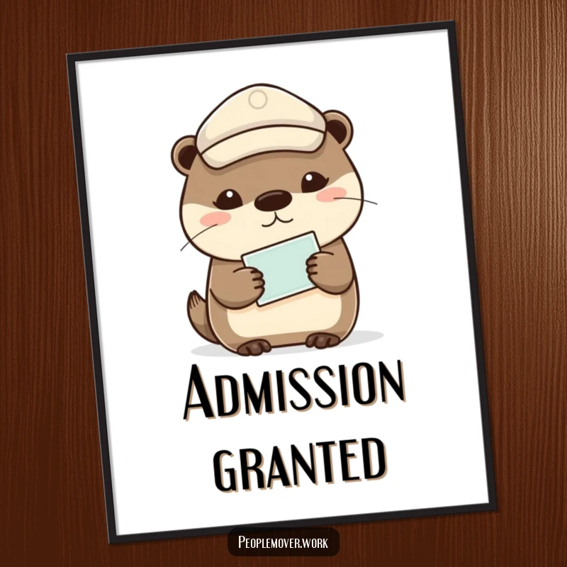 Funny calm otter wearing a cap, holding a ticket, a humorous and serene wall art.