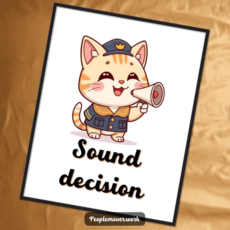 Funny cat conductor poster featuring a smiling cartoon cat in uniform, enthusiastically honking a miniature horn, creating a cheerful scene.
