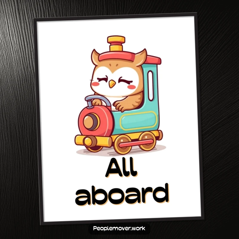 Funny owl train engineer poster featuring a cute cartoon owl intently operating a small, colorful train, bringing artistic charm.