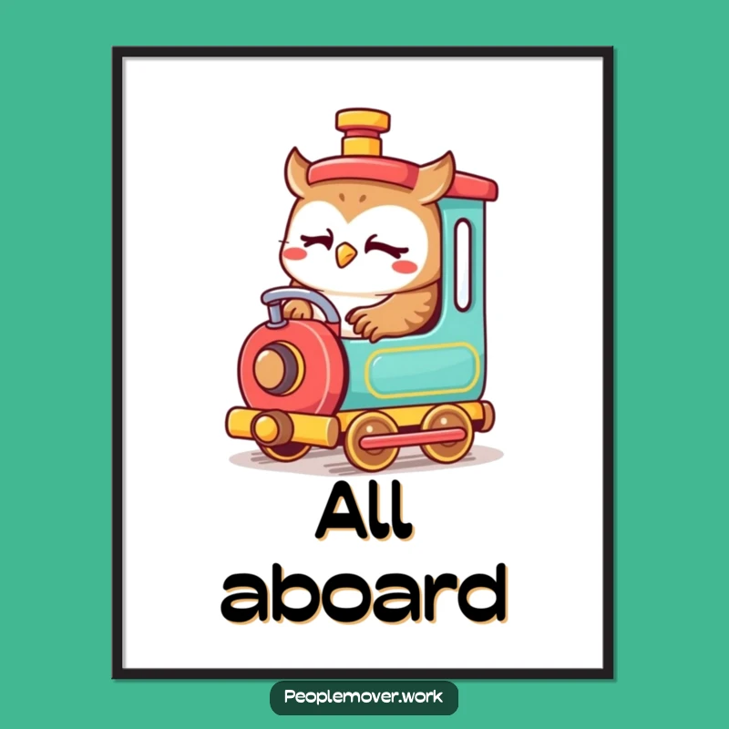 Funny Owl Train Engineer Poster: Whimsical Cartoon Art for Train Lovers