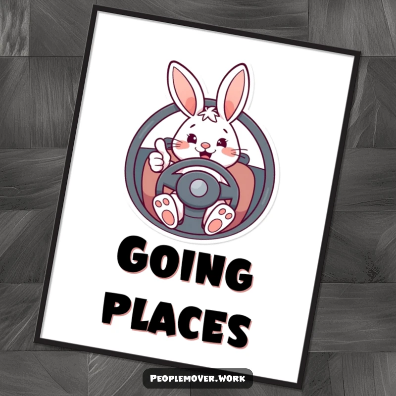 Funny bunny driver poster of an energetic cartoon rabbit behind a steering wheel, giving a joyful thumbs-up, bringing cheer.