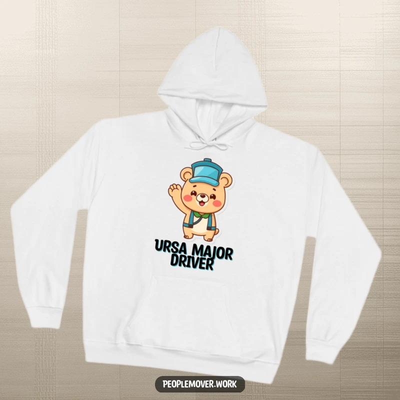 Funny Bear Bus Driver Hoodie: A cheerful cartoon bear in a tiny hat, enthusiastically waving, designed for comfort.