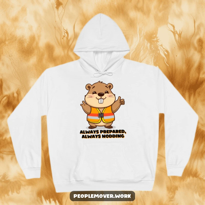 Funny beaver in a construction safety vest, nodding hello, perfect for a humorous hoodie.