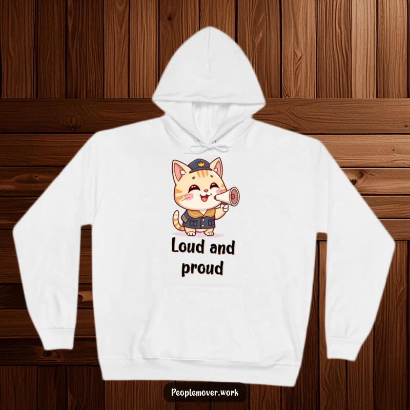 Funny cat conductor hoodie with a smiling cartoon cat in a uniform, cheerfully honking a miniature horn, radiating pure joy.