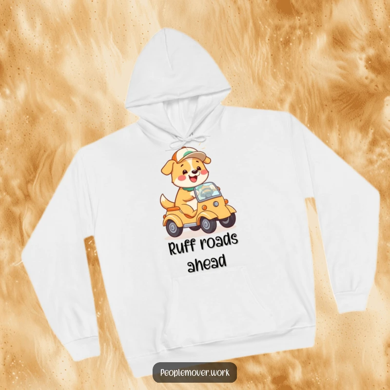 Funny Dog Driving Hoodie: A happy cartoon dog in a cap, playfully steering a vehicle, designed for cozy comfort.