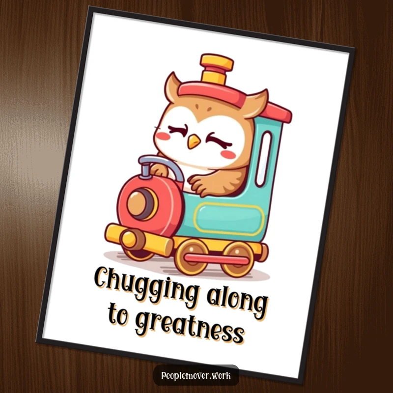 Funny Free Printable Wall Art: A cute owl focused on operating a small colorful train.