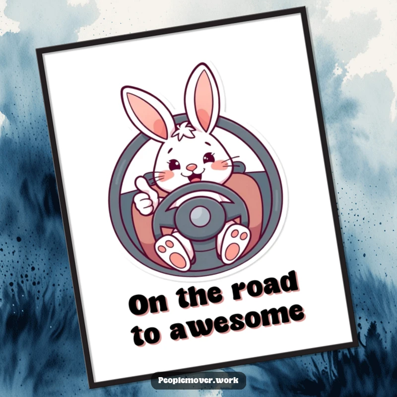 Funny Free Printable Wall Art: Energetic bunny giving a thumbs up while driving, perfect for a fun room.