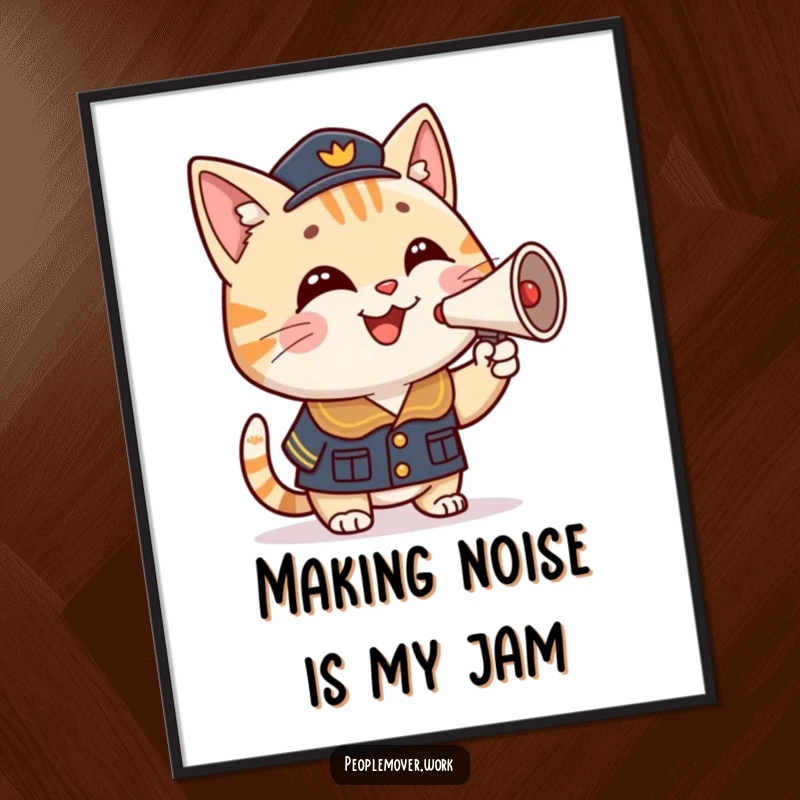 Funny Free Printable Wall Art: A cartoon cat in a uniform honking a miniature horn, bringing cheer.